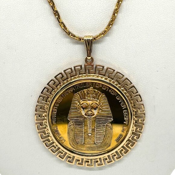Estate Jewelry - Tutankhamun Gold-tone Coin Pendant Necklace Egyptian Symbols & Greek Key Border